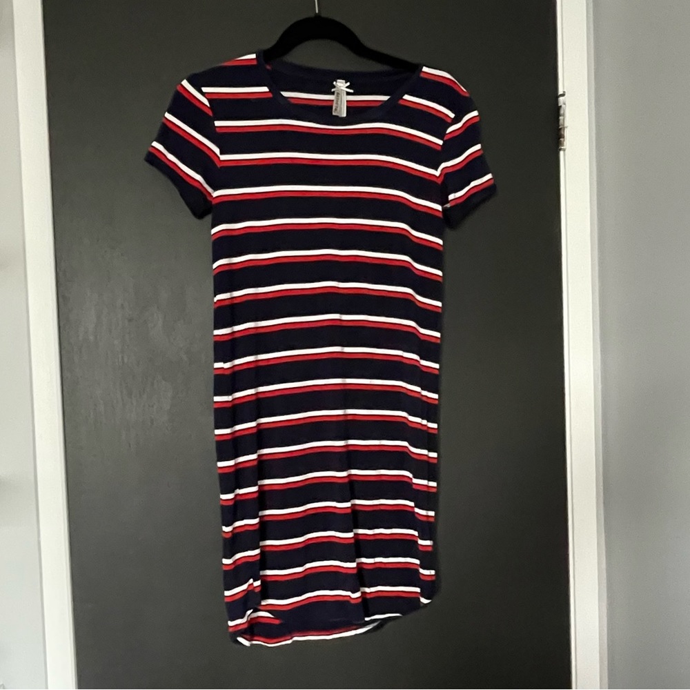 Navy and Red Stretchy Striped T-Shirt Dress - Size Medium